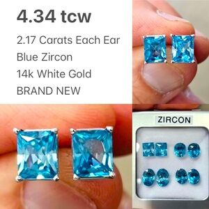 14K GOLD & Blue Zircon STUD EARRINGS White Gold Earrings, 4.34tcw, NWT, NICE 💙